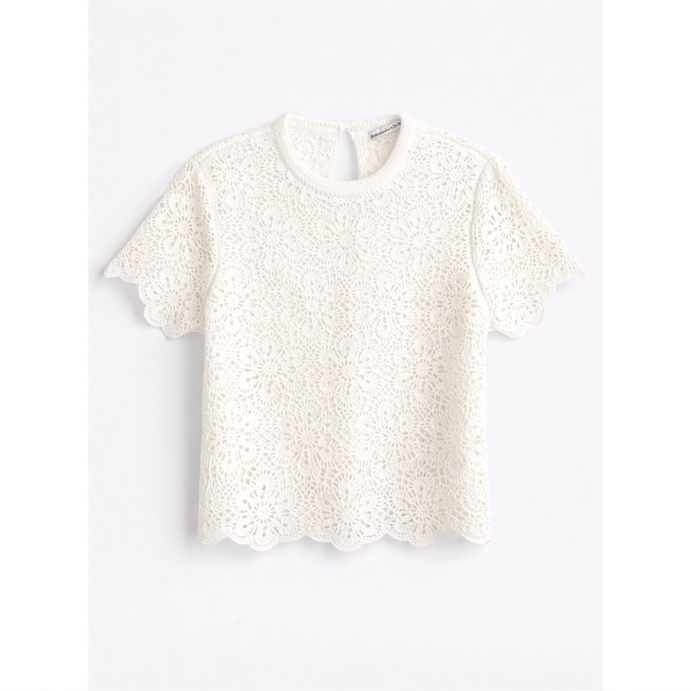 ABERCROMBIE | Crochet Crewneck Short Sleeve Top in Ivory, Size Small